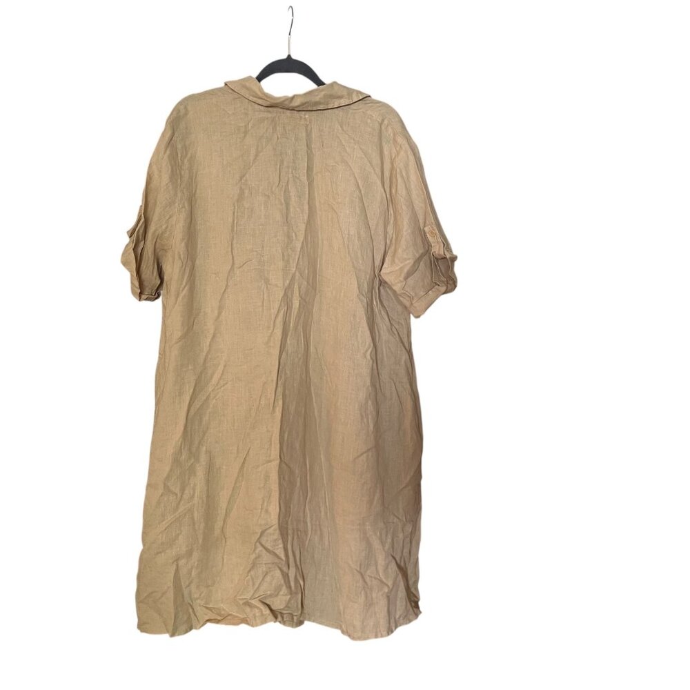 Flax Linen Tan Button Down Dress Pockets Roll Tab Sleeves Collared Size Large Wm - Picture 2 of 6